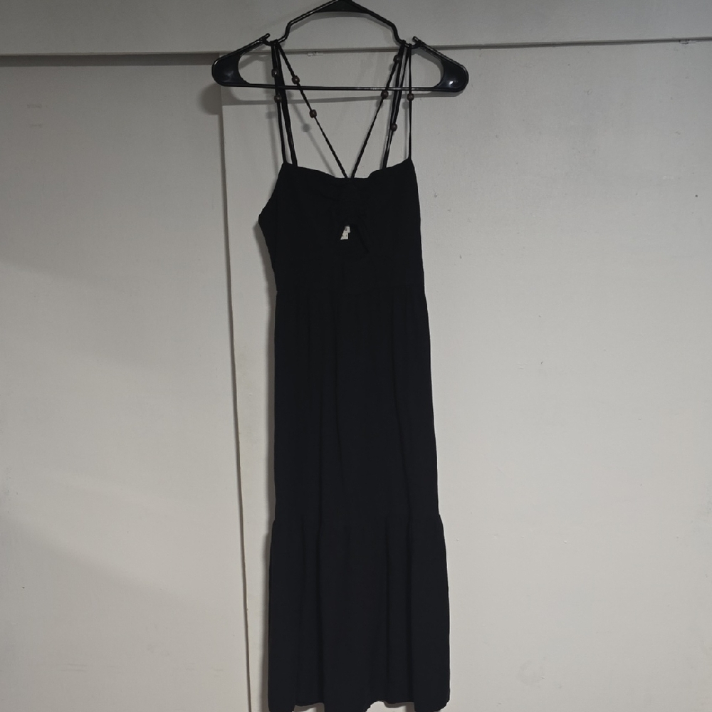 Jason Wu Black Strappy Linen Midi Dress With Wood Bead Details